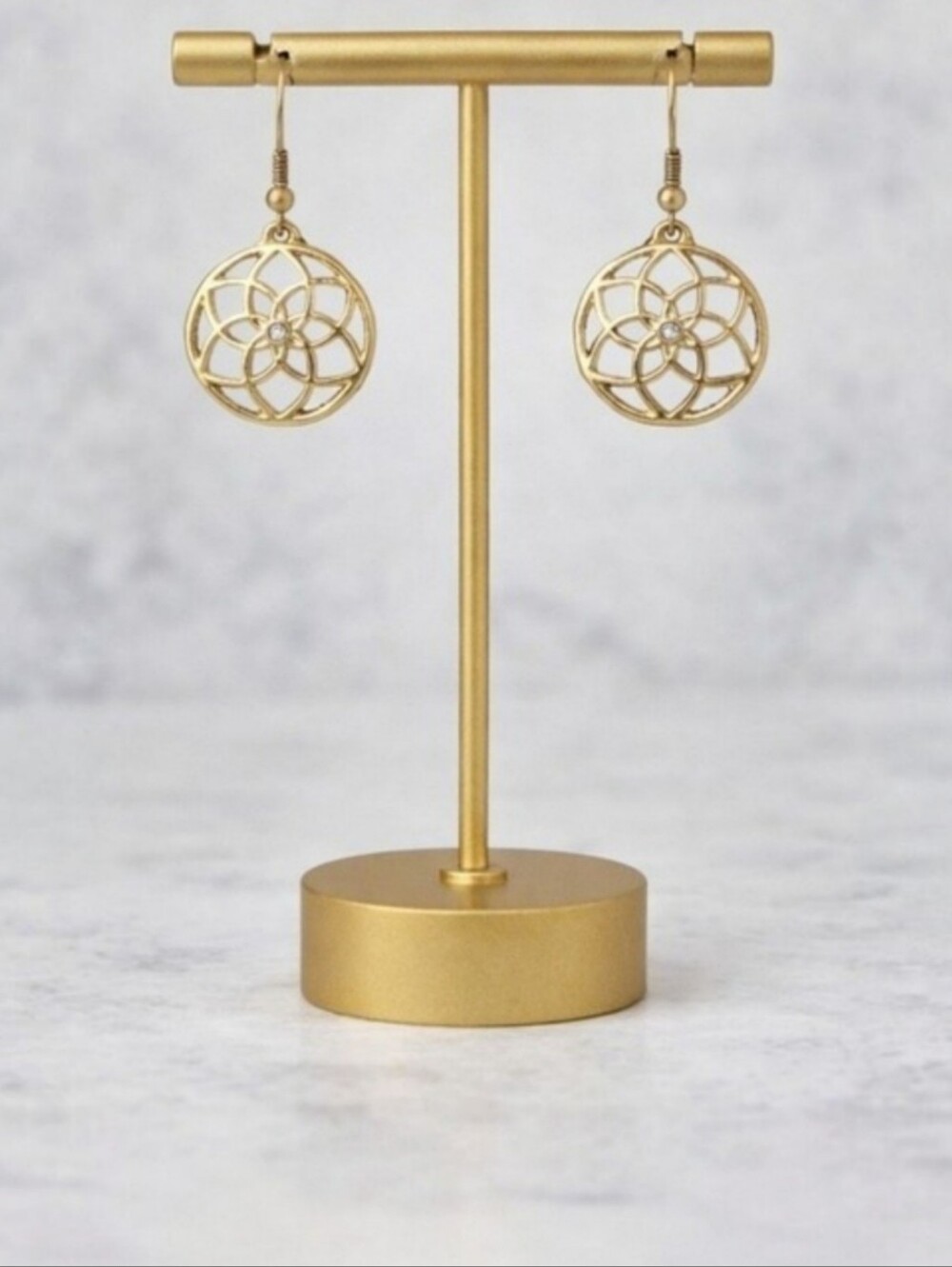 Seed of Life Goldtone Filigree Drop Earrings Rhinestone Center